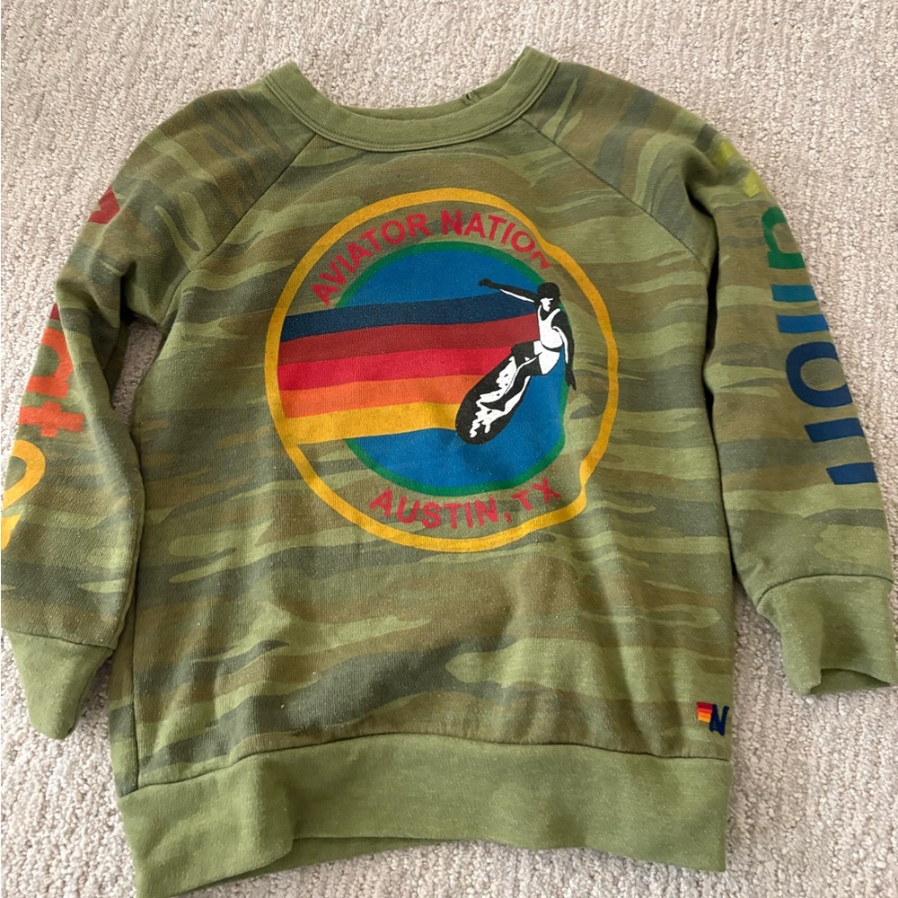 Aviator Nation Kids Green Camo Sweatshirt with Rainbow Logo